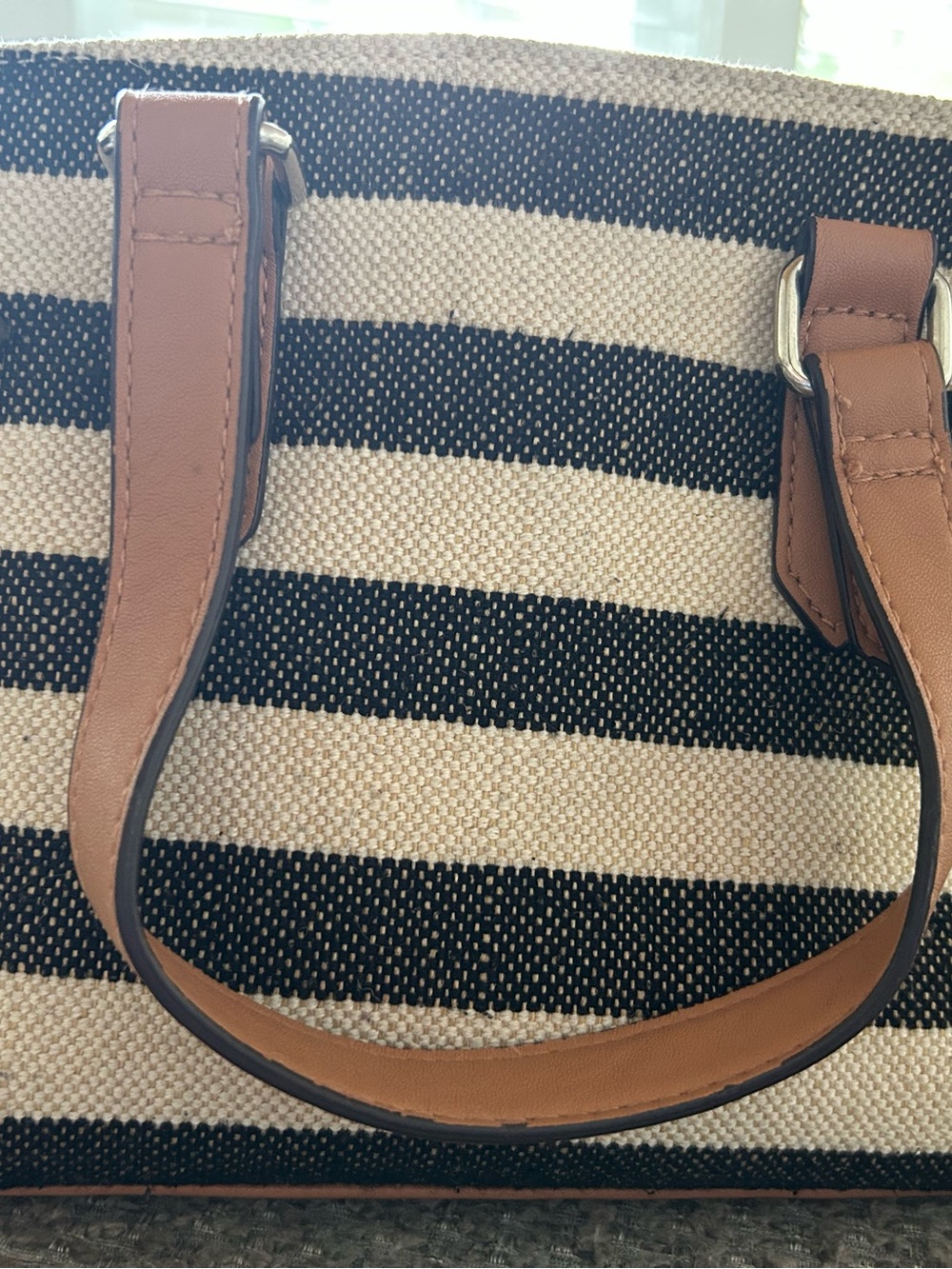 Rosetti Navy and Cream Striped Canvas Tote with Tan Trim and Handles - Picture 3 of 7